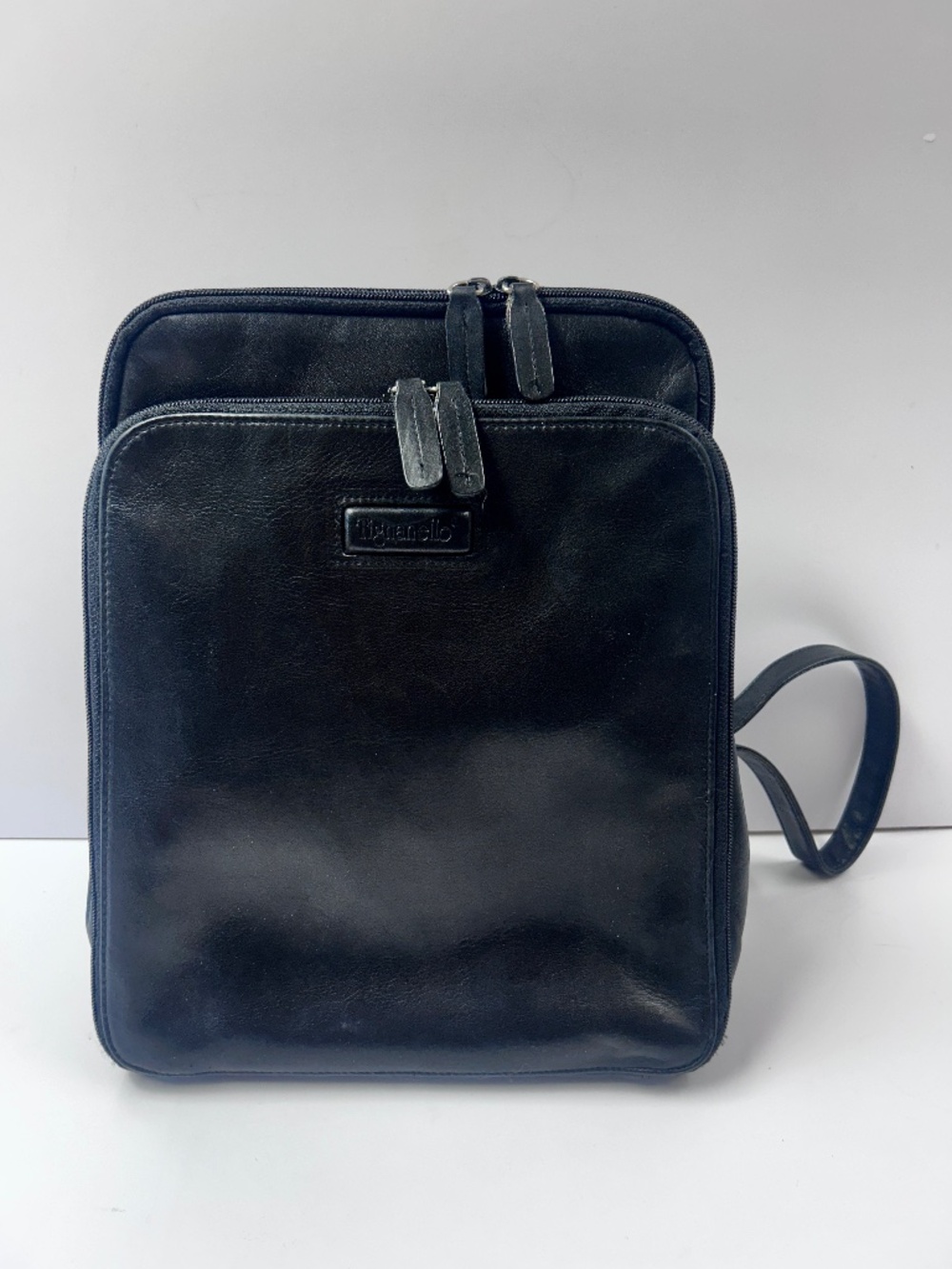 Tignanello Black Leather Backpack 3 Separate Sections Zipper Snap